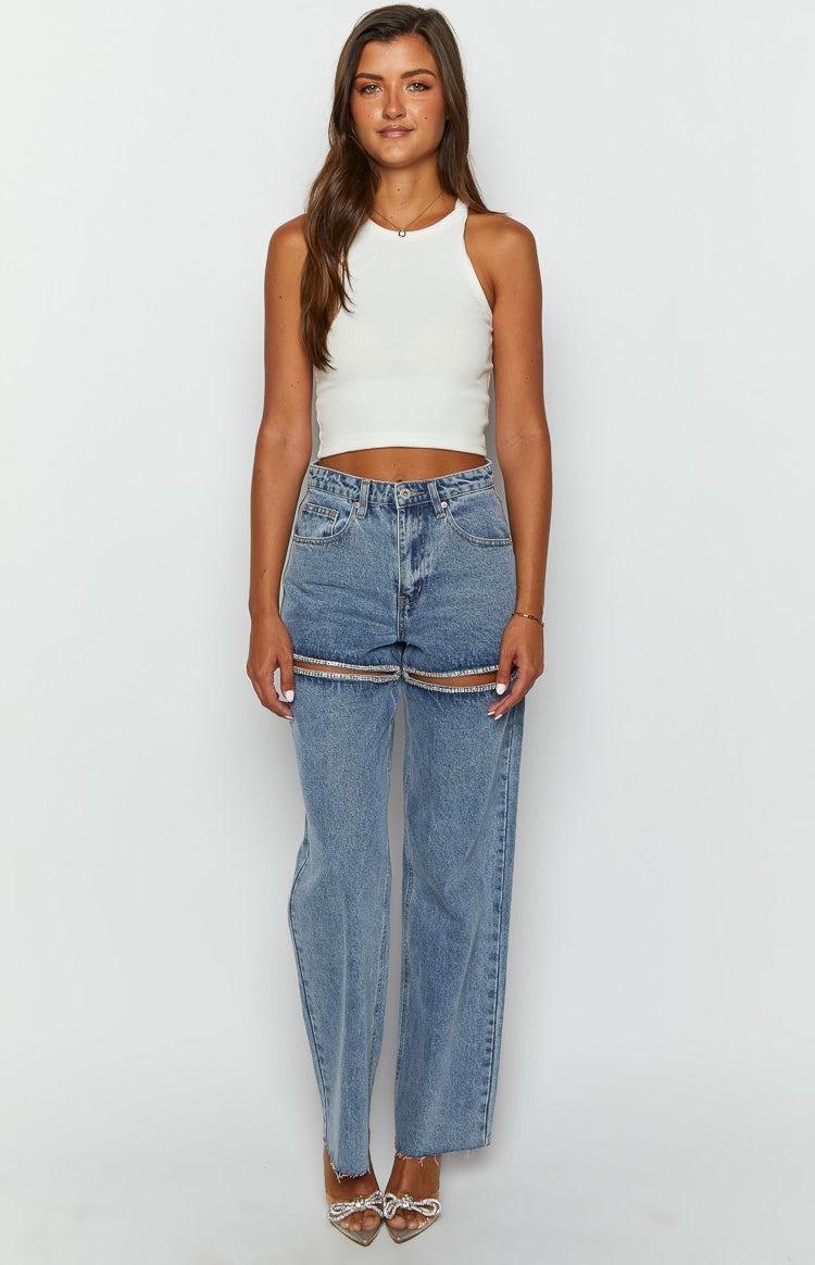 Gem Diamante Trim Wide Leg Denim Jeans Product Image