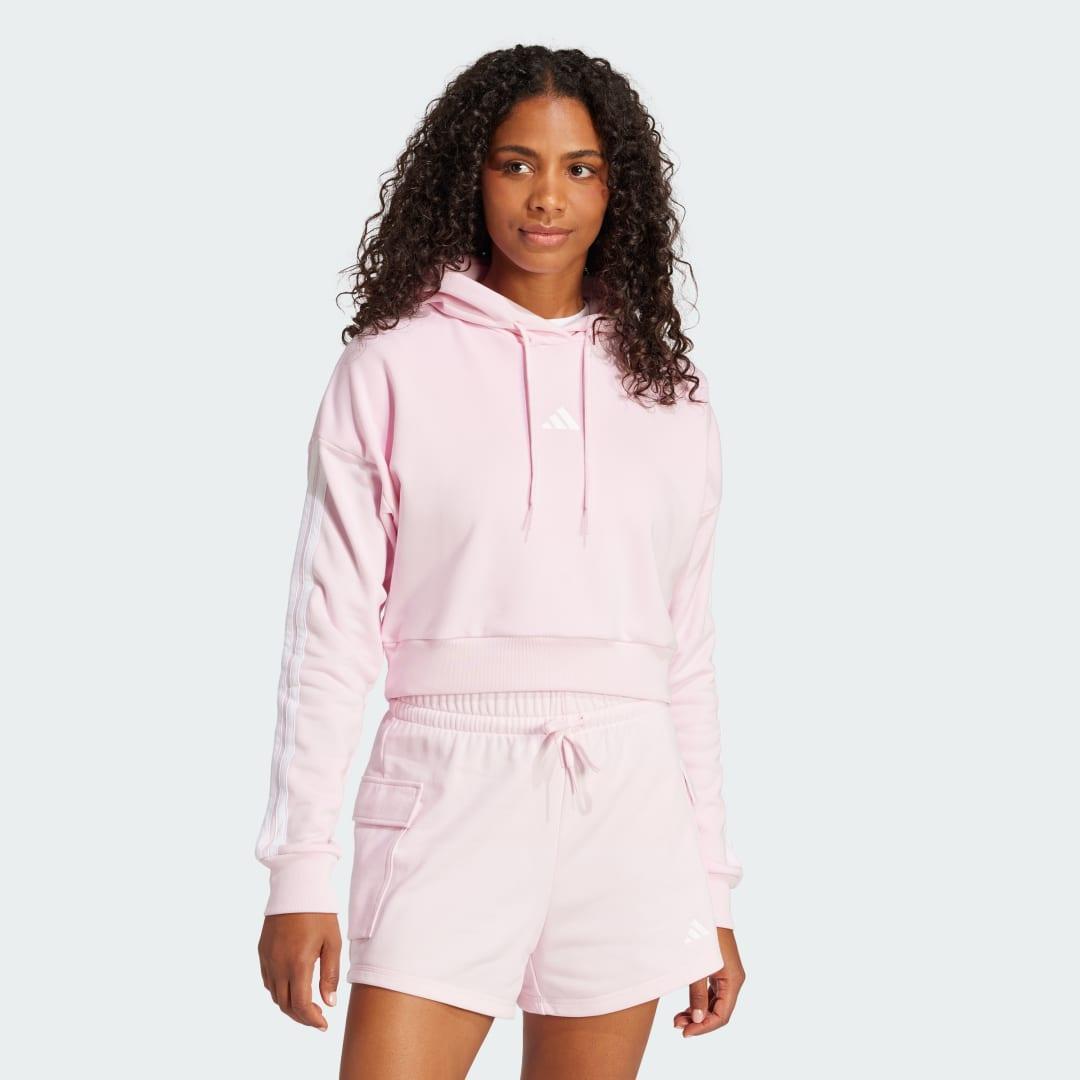 adidas Essentials 3-Stripes French Terry Crop Hoodie Clear Pink L Womens Product Image