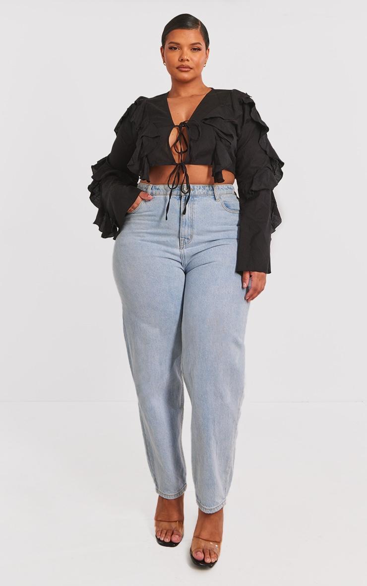 Plus Black Linen Ruffle Front Tie Front Cropped Shirt Product Image