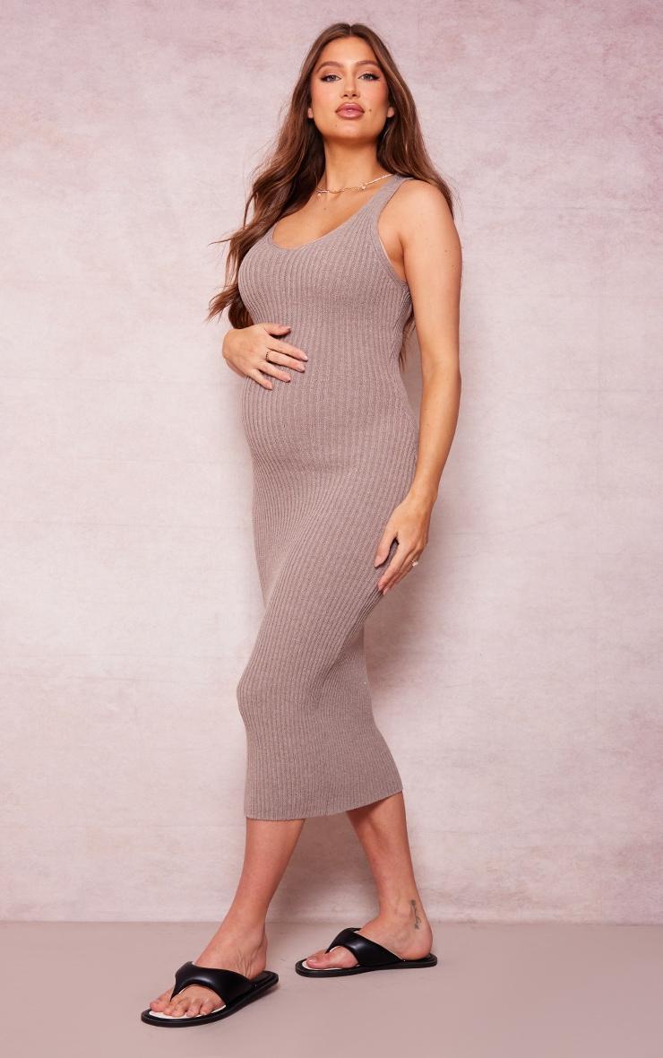 Maternity Taupe Knitted V Neck Midi Dress Product Image