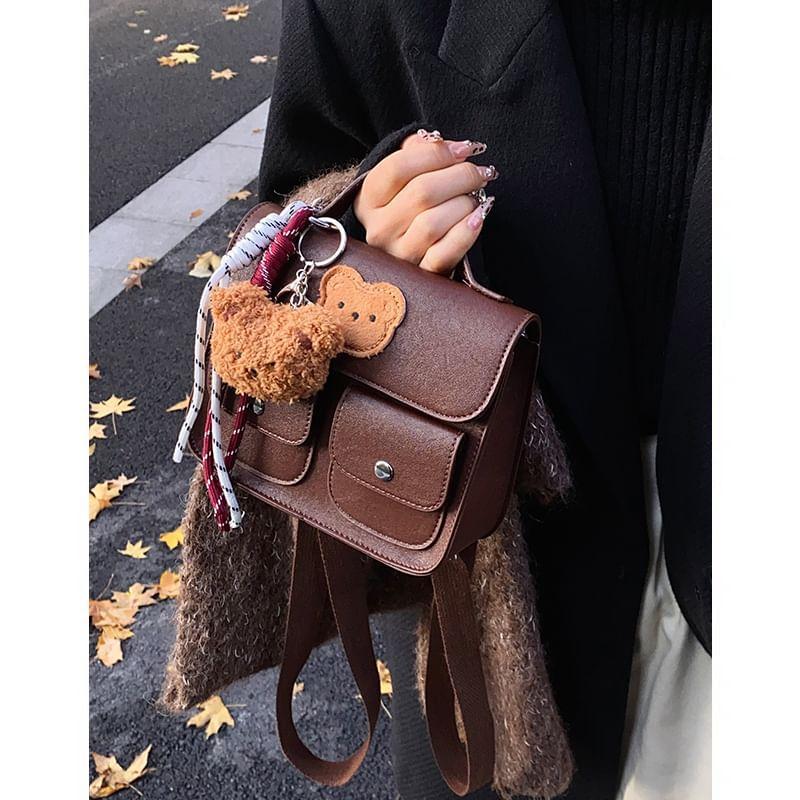 Bear Applique Flap Faux Leather Backpack Product Image