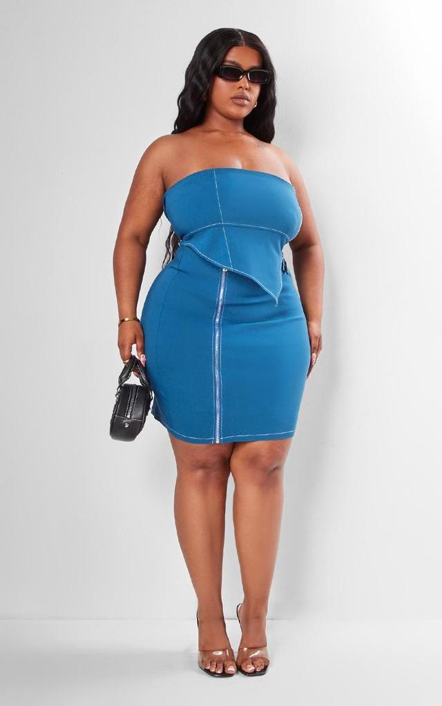 Plus Midnight Blue Asymmetric Seam Detail Zip Up Corset Bodycon Dress Product Image