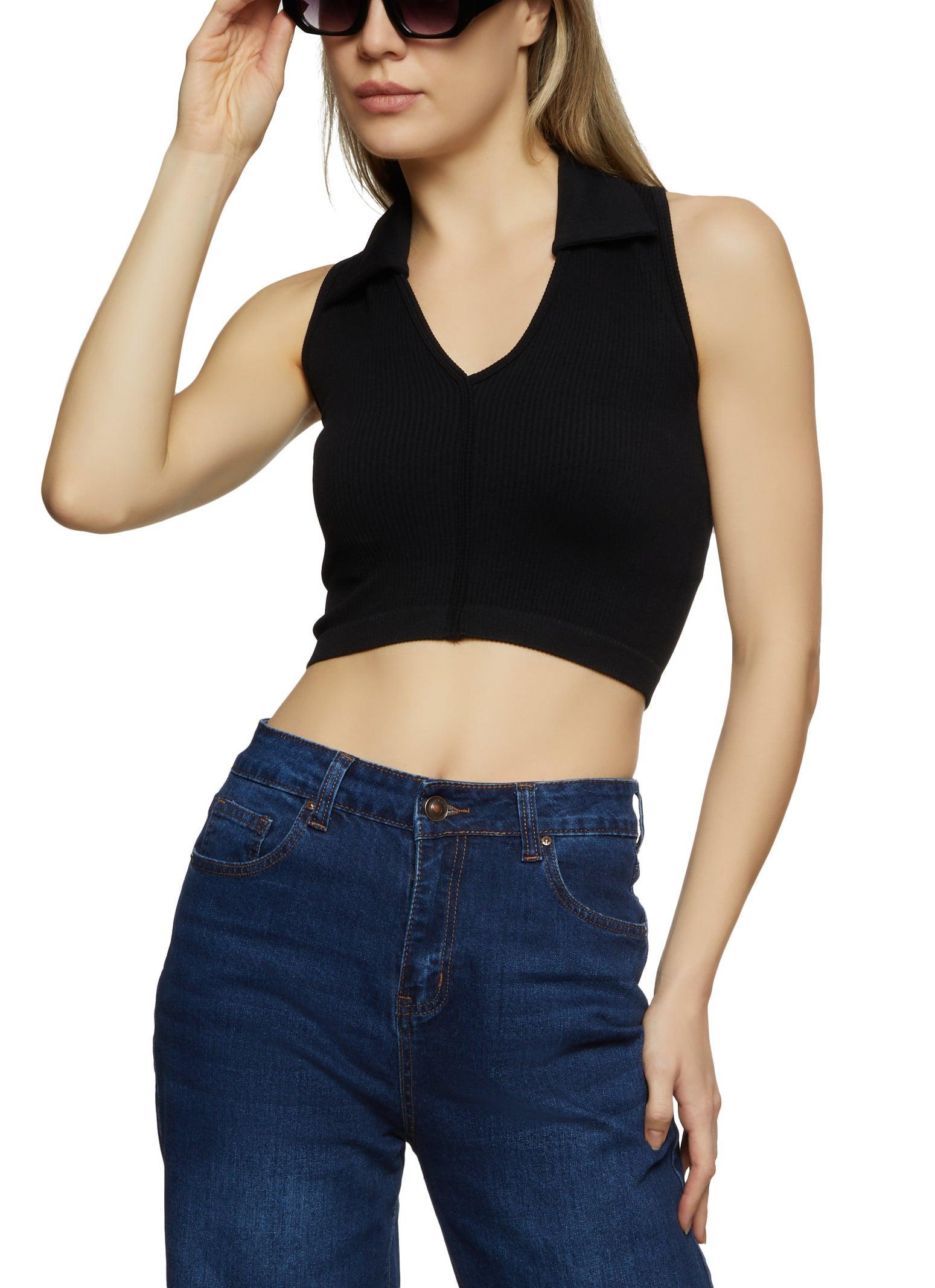 Womens Seamless Rib Knit Collared Crop Top Product Image