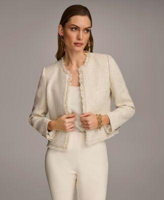 Women's Collarless Fringe Trim Tweed Blazer Product Image