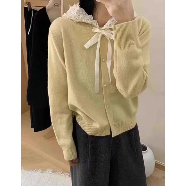 Plain Hooded Bow Lace Trim Cardigan Product Image