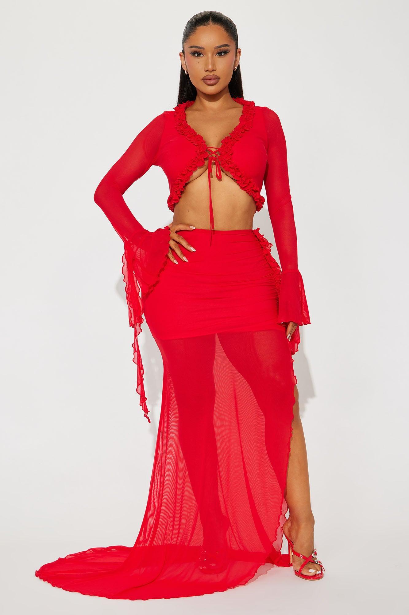 Mara Mesh Maxi Skirt Set - Red Product Image