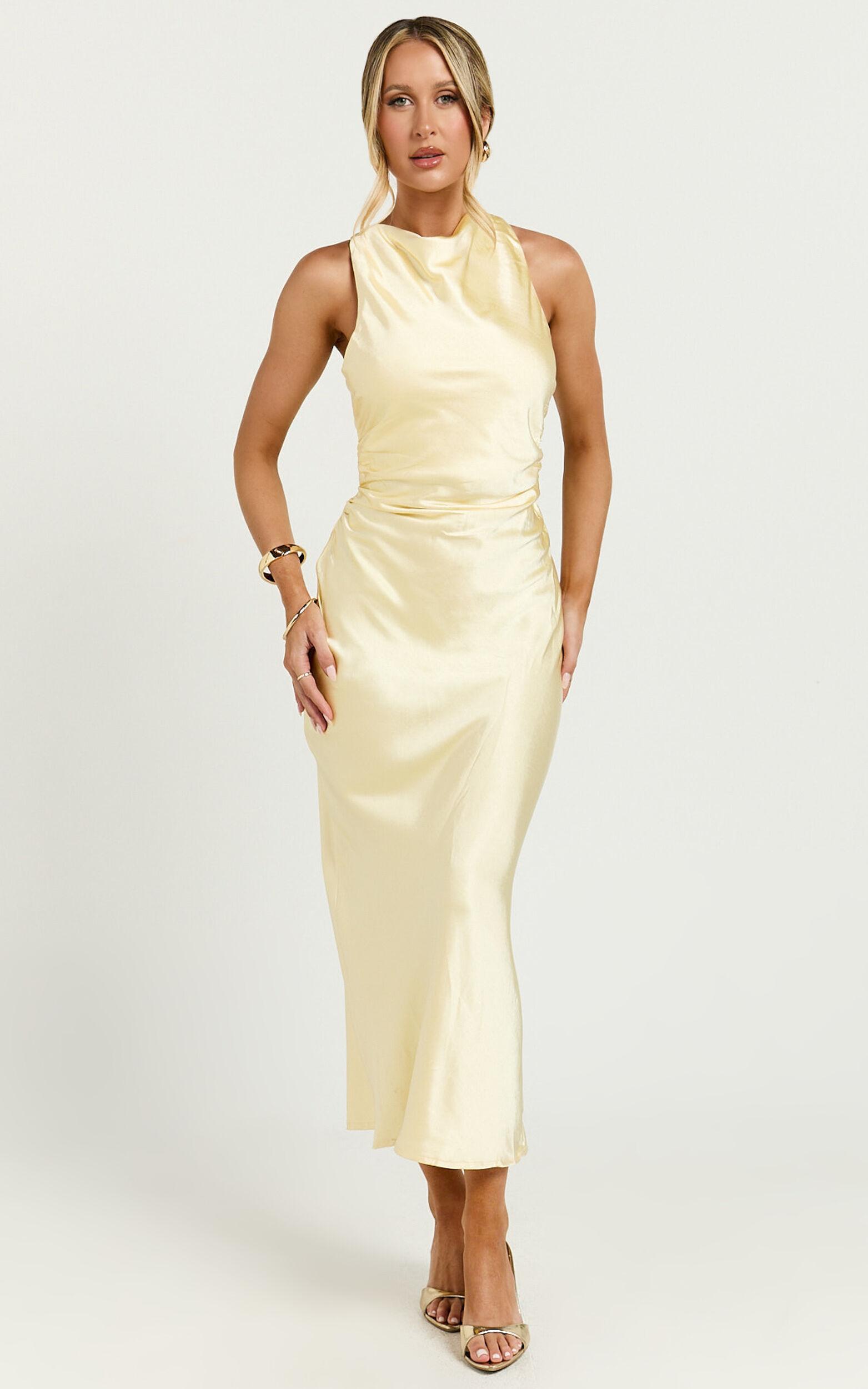 Aluna Midi Dress - High Neck Cross Back Satin Slip Dress in Lemon Product Image