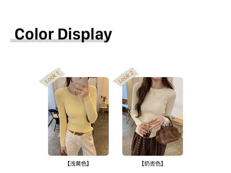 Long-Sleeve Round Neck Plain Ribbed Knit Top Product Image