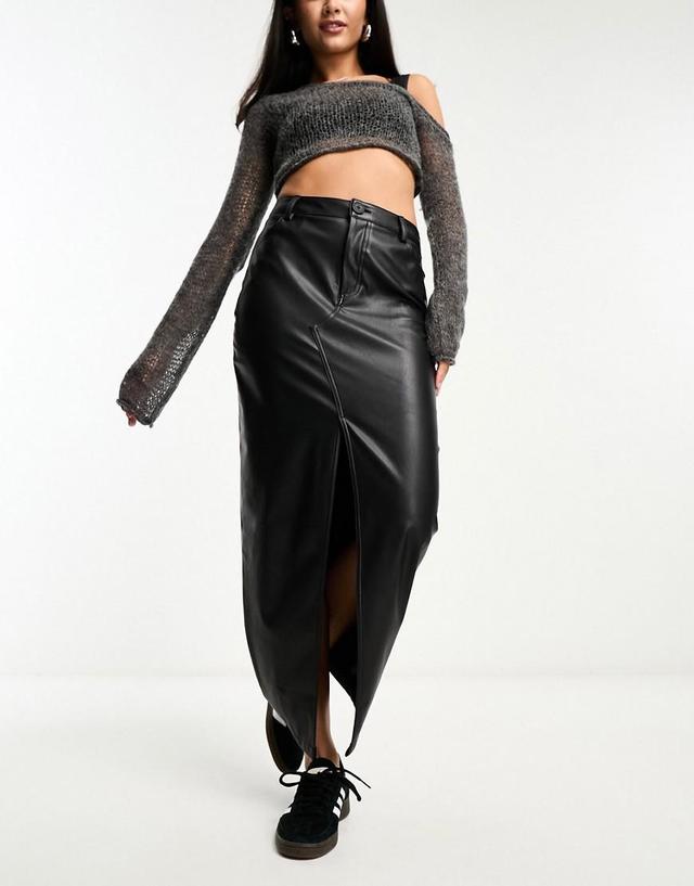 ASOS DESIGN faux leather maxi skirt with front split in silver metallic Product Image