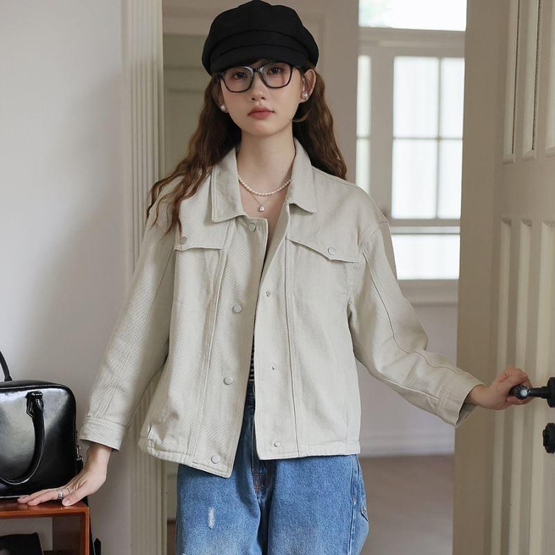 Collar Plain Denim Button Jacket Product Image