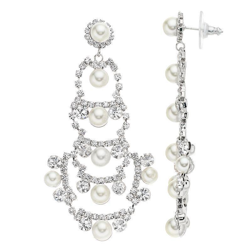 Vieste Silver Tone Fancy Open Simulated Pearl and Crystal Nickel Free Drop Earrings, Womens Product Image