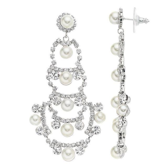 Vieste Silver Tone Fancy Open Simulated Pearl and Crystal Nickel Free Drop Earrings, Womens Product Image