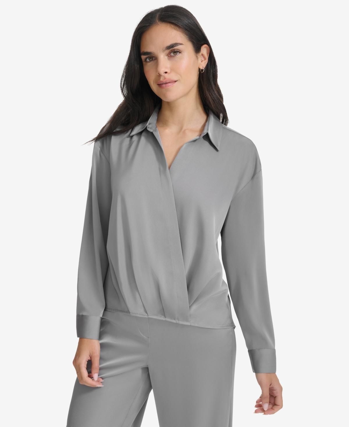 Calvin Klein Womens Faux-Wrap Collared Shirt Product Image