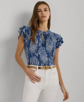 Lauren Ralph Lauren Floral Linen-Blend Jersey Tie-Neck Top Cream) Women's Clothing Product Image