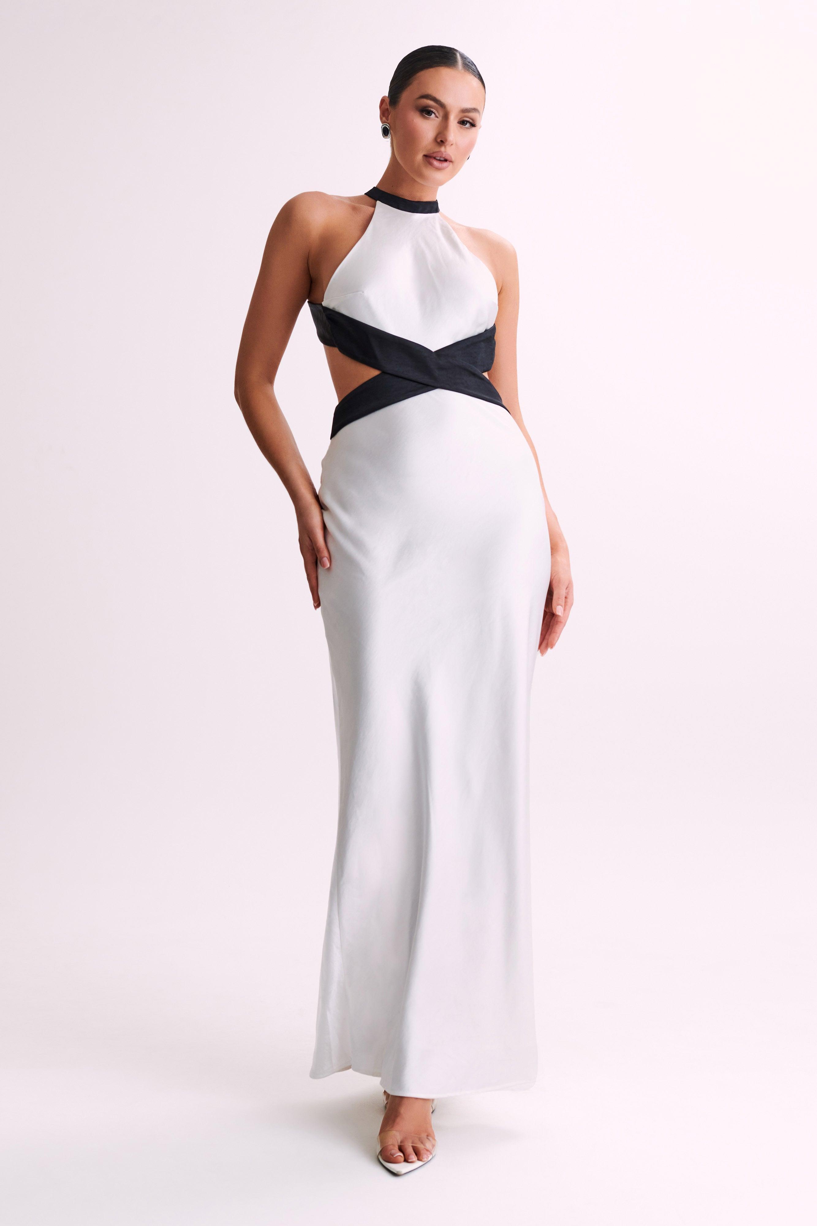 Nalani Satin Halter Maxi Dress - Black/White Product Image