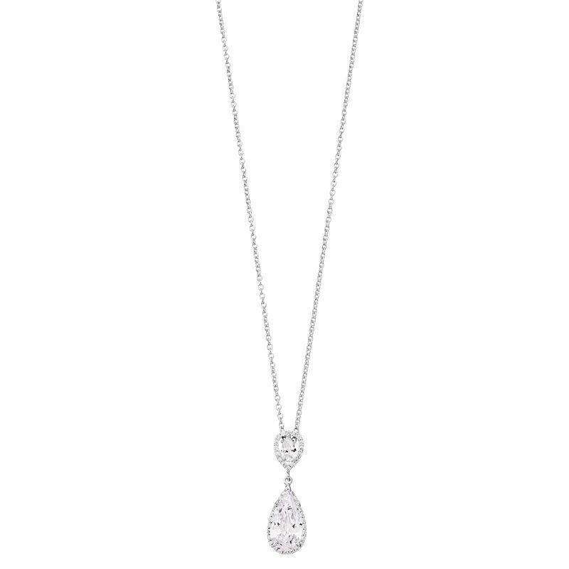 Sterling Silver with Rhodium-Plated Two Clear Pear with Round Cubic Zirconia Halo Necklace, Womens Product Image