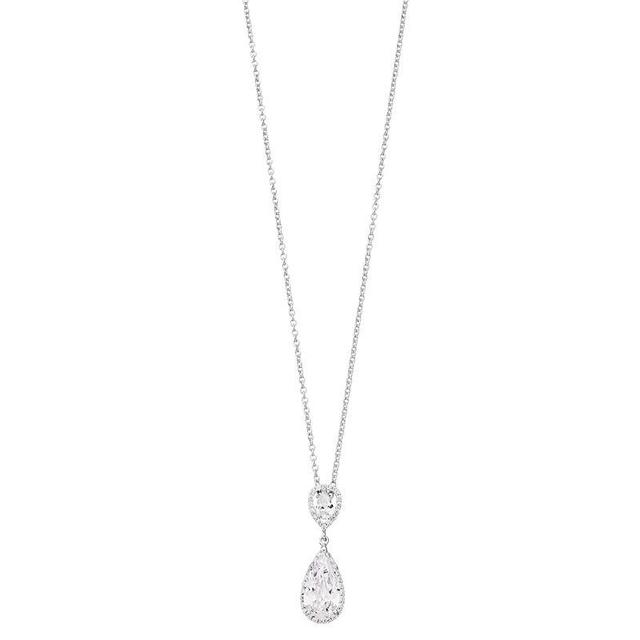 Sterling Silver with Rhodium-Plated Two Clear Pear with Round Cubic Zirconia Halo Necklace, Womens Product Image