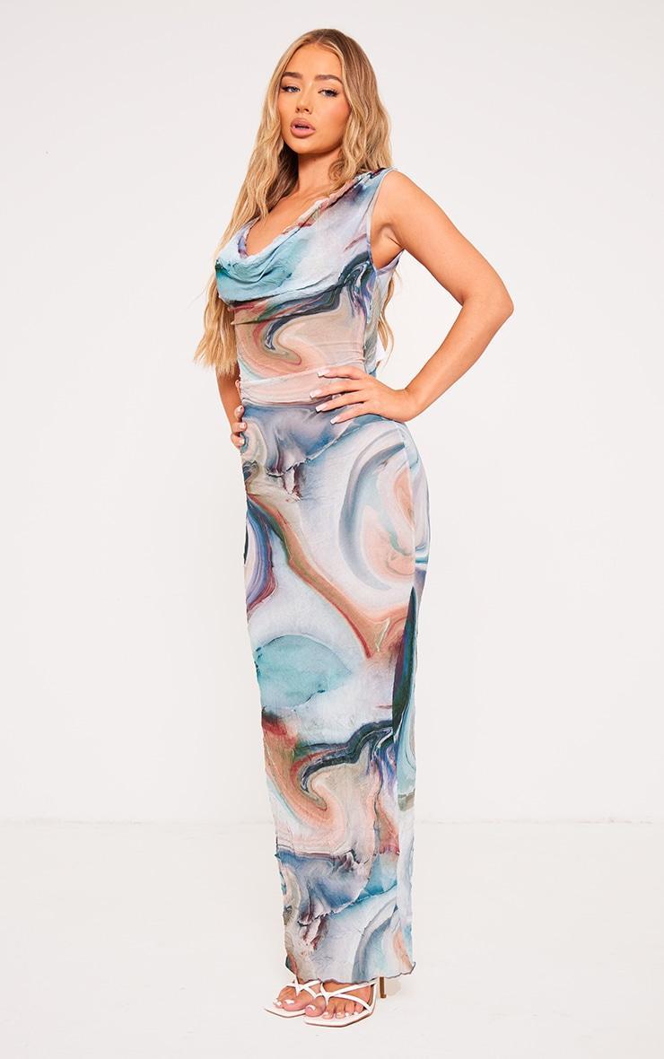 Multi Printed Crinkle Mesh Cowl Neck Midi Dress Product Image