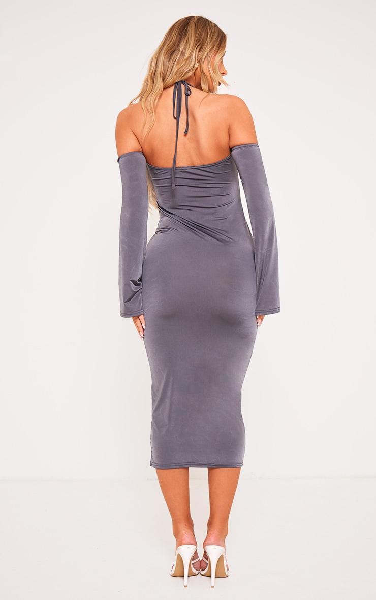 Charcoal Slinky Bardot Tie Neck Midi Dress Product Image