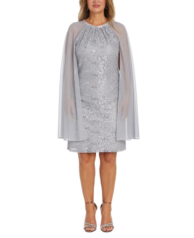 R & M Richards Womens Sequinned Lace Dress With Chiffon Cape Product Image