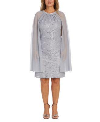 Women's Sequinned Lace Dress With Chiffon Cape  Product Image