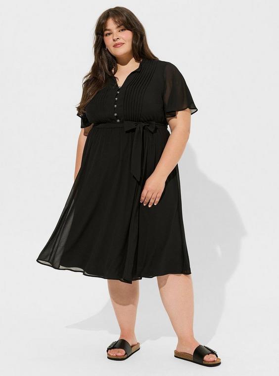 Midi Chiffon Ruffle Neck Pintuck Dress Product Image