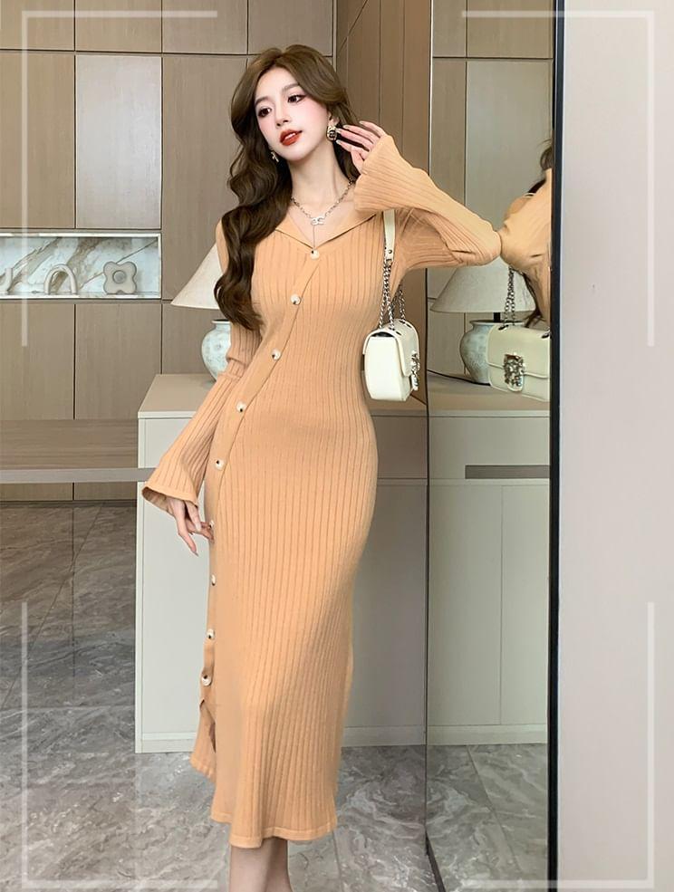 Long-Sleeve Lapel Collar Plain Button-Up Slit Midi Sheath Knit Dress Product Image