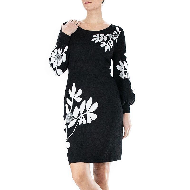 Womens Nina Leonard Floral Balloon-Sleeve Sweater Dress Product Image