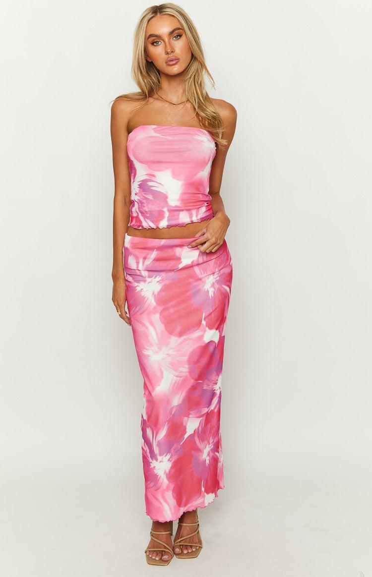 When In Rome Pink Floral Print Mesh Maxi Skirt Product Image