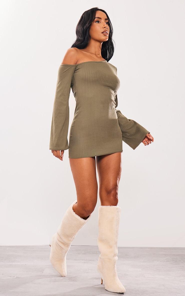 Khaki Soft Rib Asymmetric Neck Long Sleeve Bodycon Dress Product Image