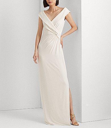 Lauren Ralph Lauren Fold Over Collar V-Neck Sleeveless Side Slit Gown Product Image