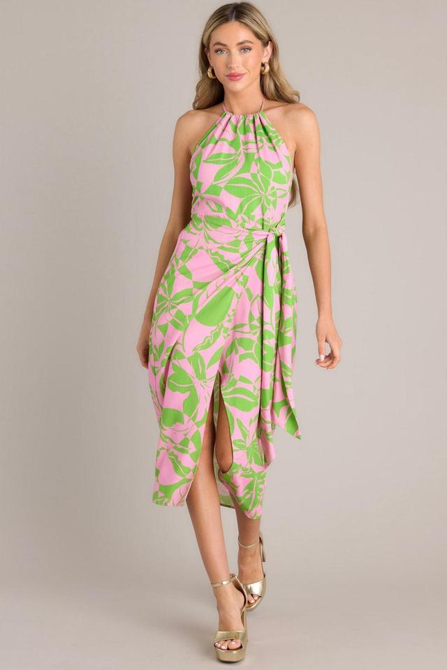 It's Us Pink & Green Tropical Print Halter Midi Dress Product Image