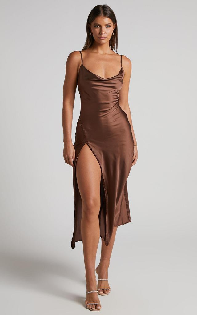 Flordeliza Midi Dress - Cowl Neck Thigh Slit Slip Dress in Chocolate Product Image