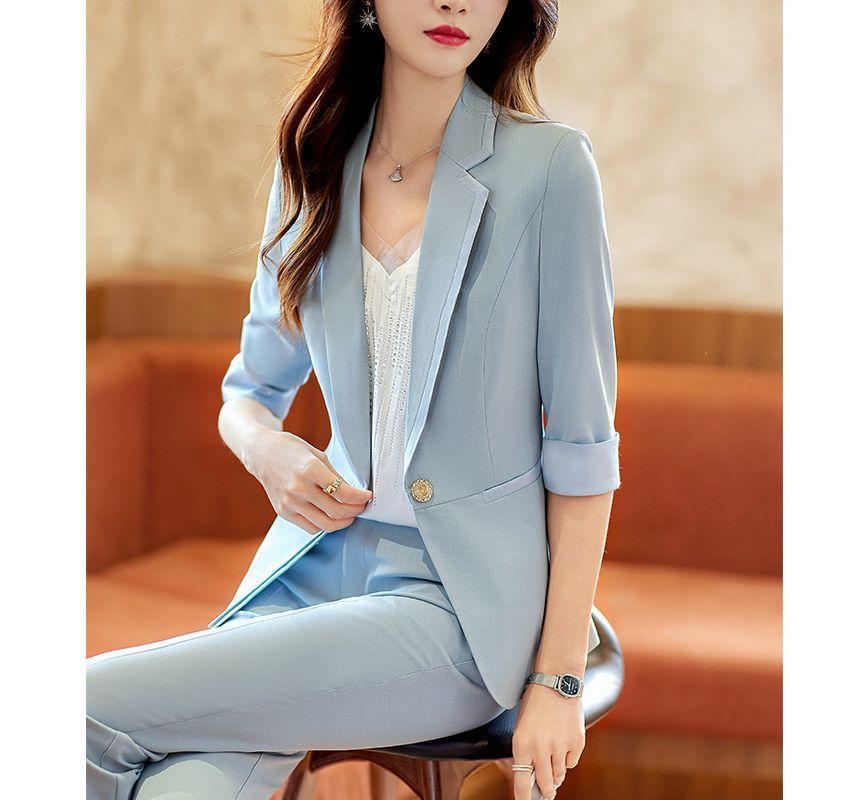 3/4-Sleeve Plain One-Buttoned Blazer / Crop Tapered Dress Pants Product Image