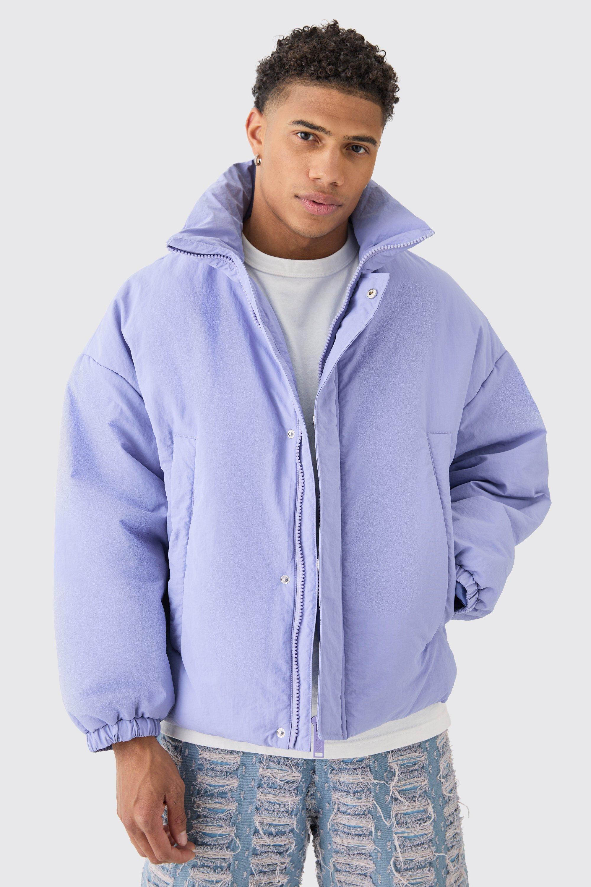 Oversized Boxy Padded Funnel Neck Coat In Lilac | boohooMAN USA Product Image