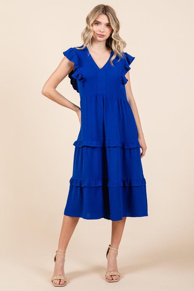 Ruffled Cap Sleeve Tiered V Neck Midi Dress Product Image