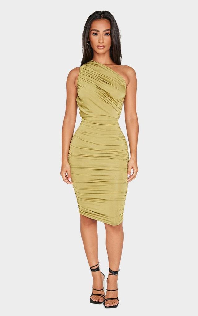 Petite Olive Slinky Ruched One Shoulder Longline Midi Dress Product Image