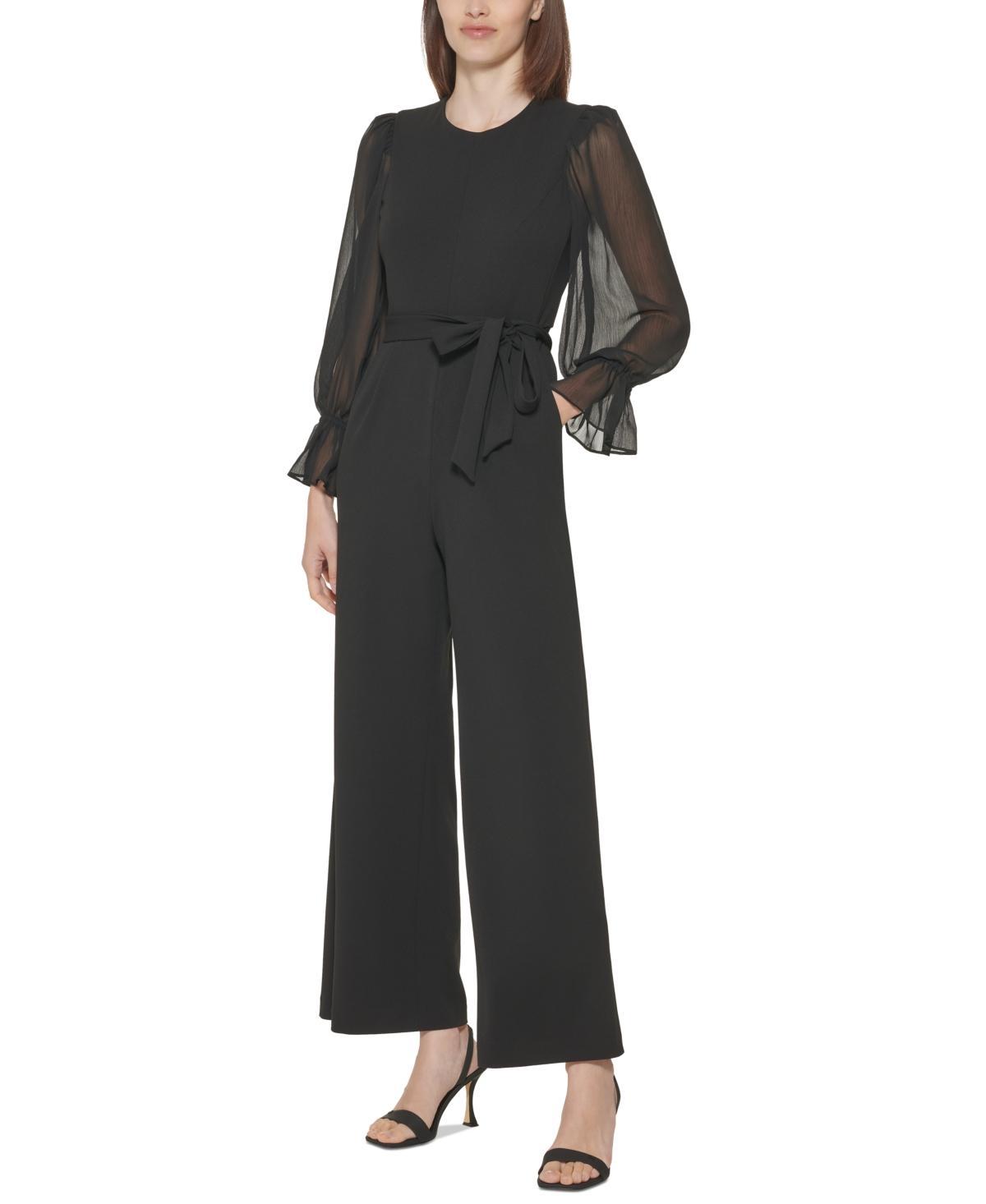 Calvin Klein Crewneck Chiffon Flare-Leg Jumpsuit Black Product Image