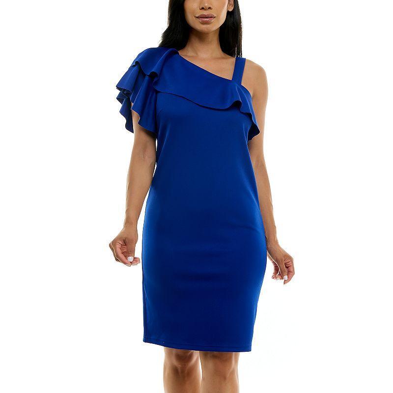 Womens Nina Leonard One-Shoulder Ruffled Dress Blue Product Image