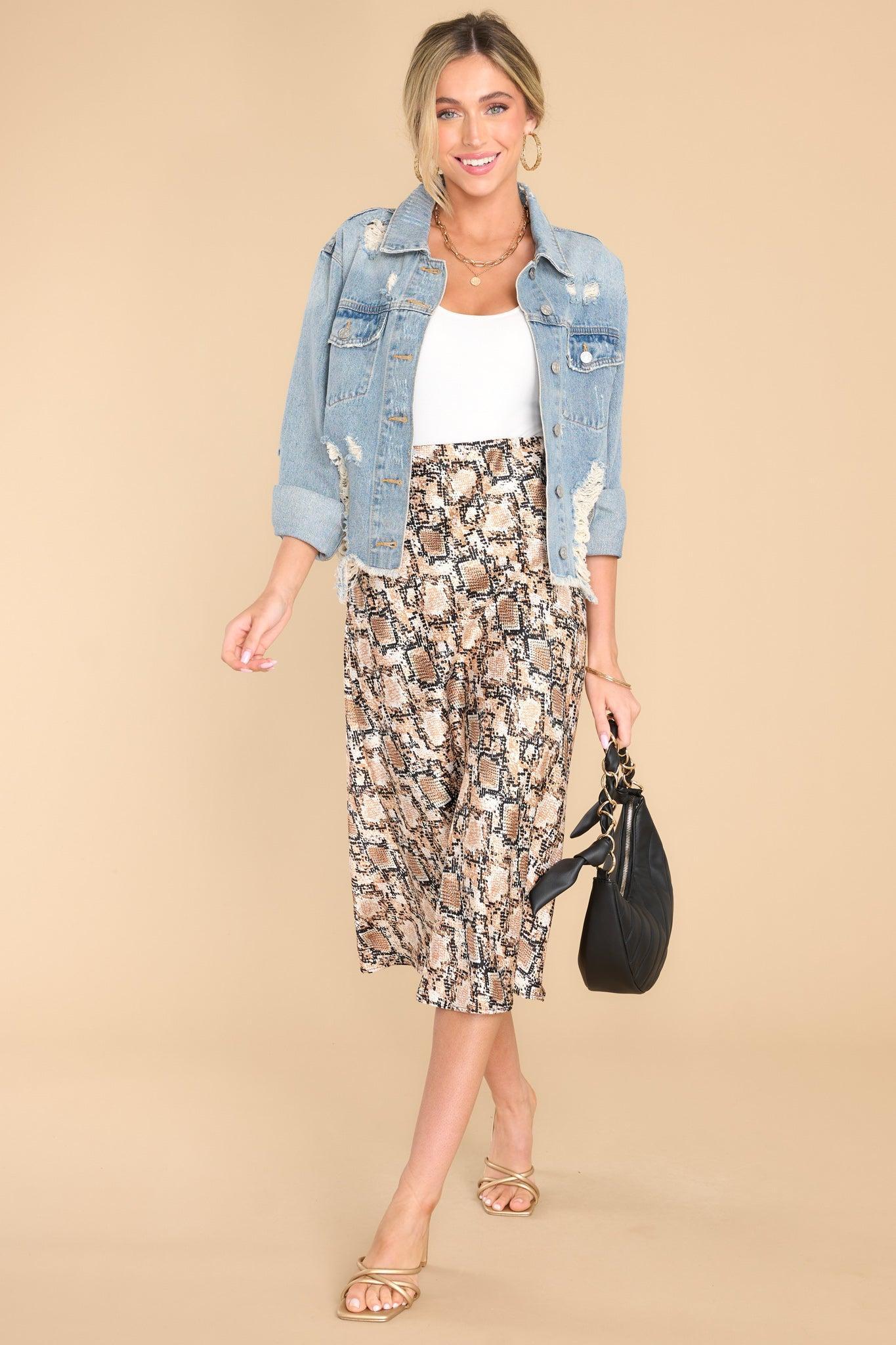 Sneaking Around Snake Print Midi Skirt Taupe Product Image