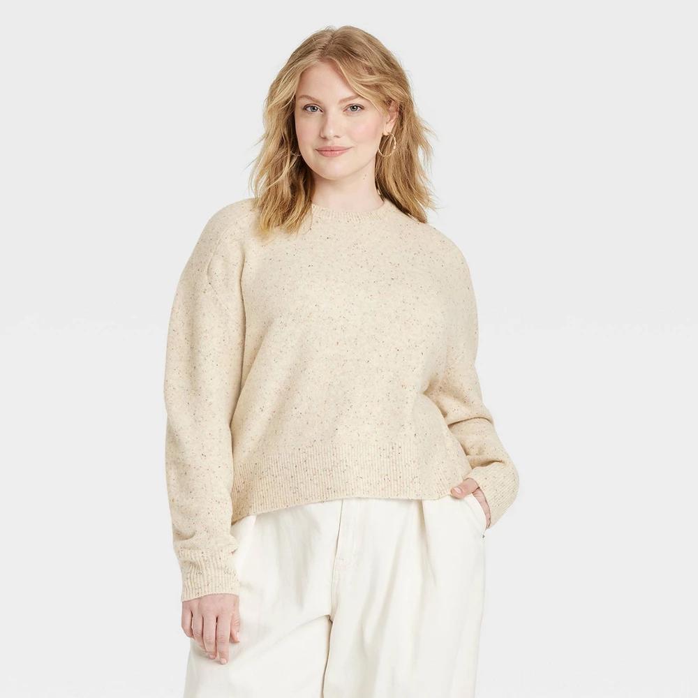 Womens Cozy Knit Crewneck Pullover Sweater - Universal Thread Cream 1X Product Image