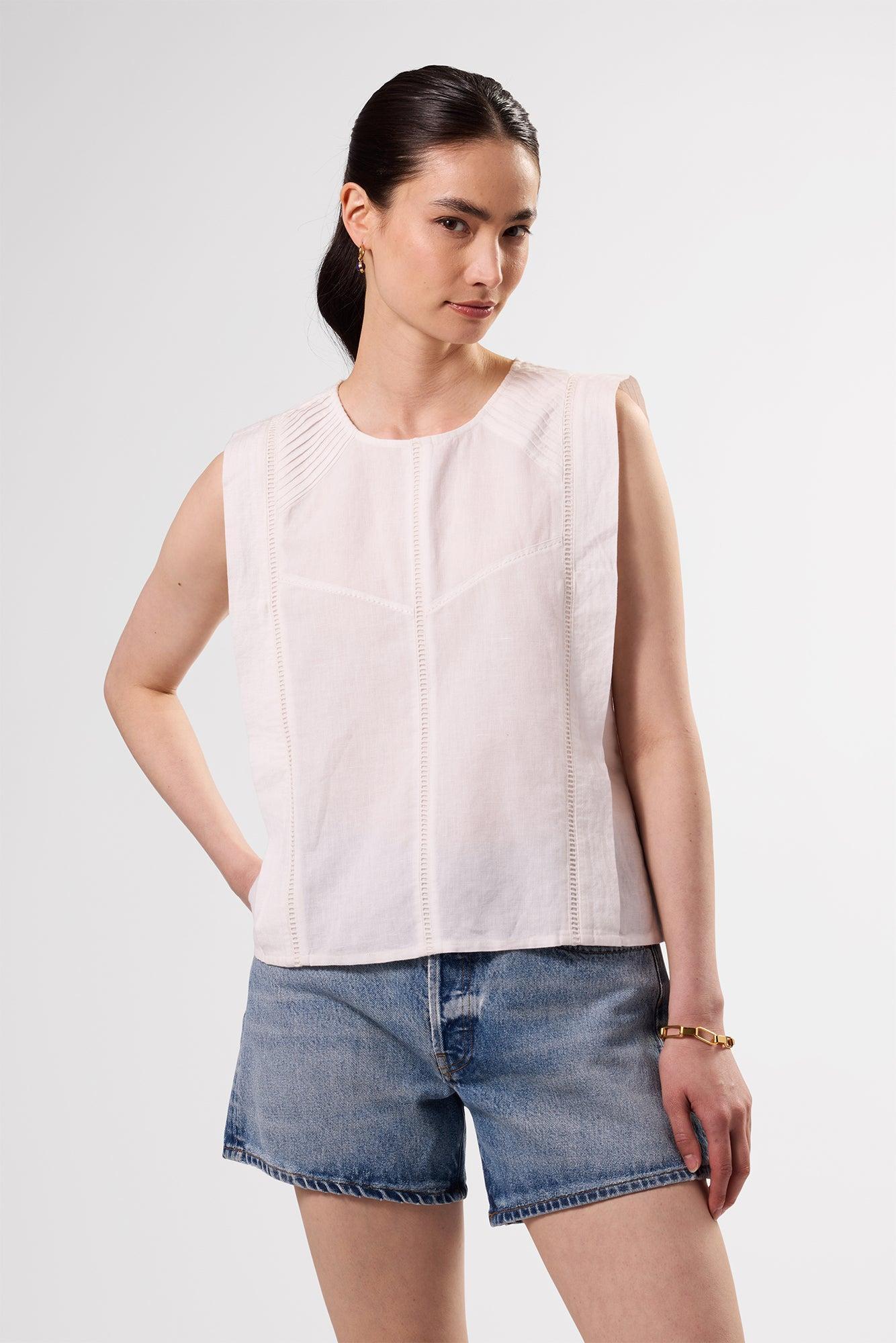 Detailed Cotton Linen Tank Top - White product image