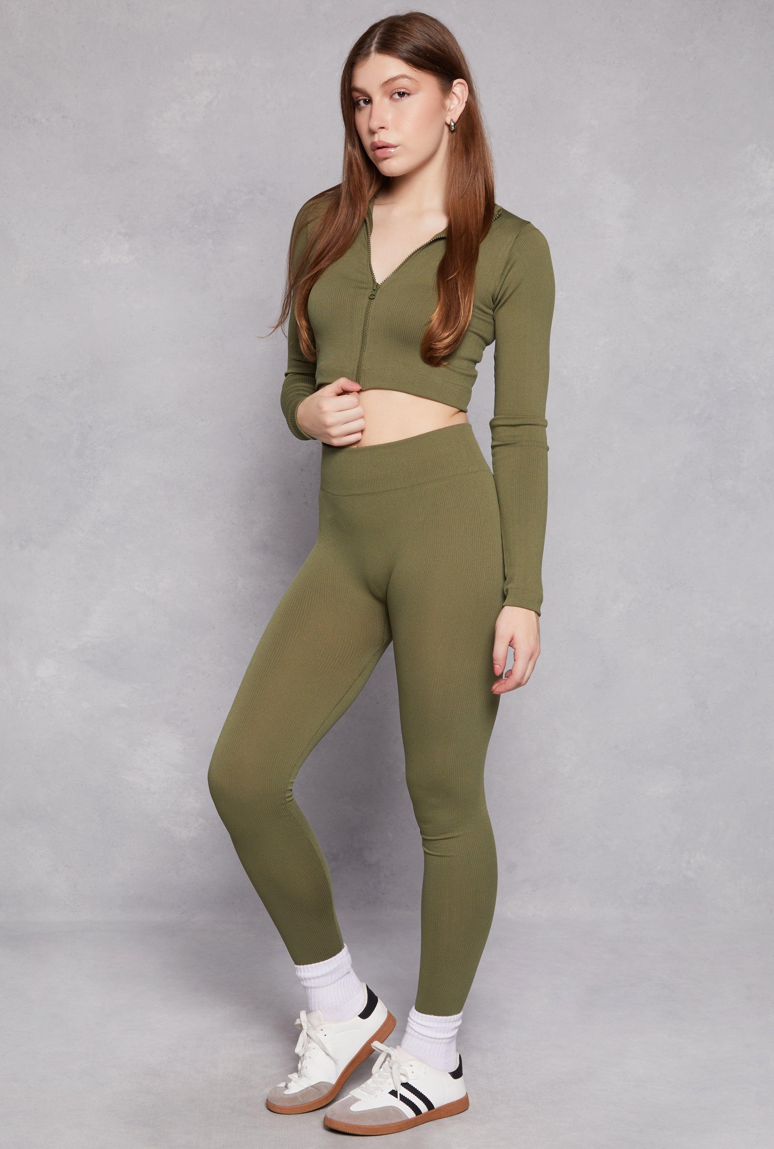 Womens Ribbed Knit Zip Front Crop Top and Leggings Set Product Image