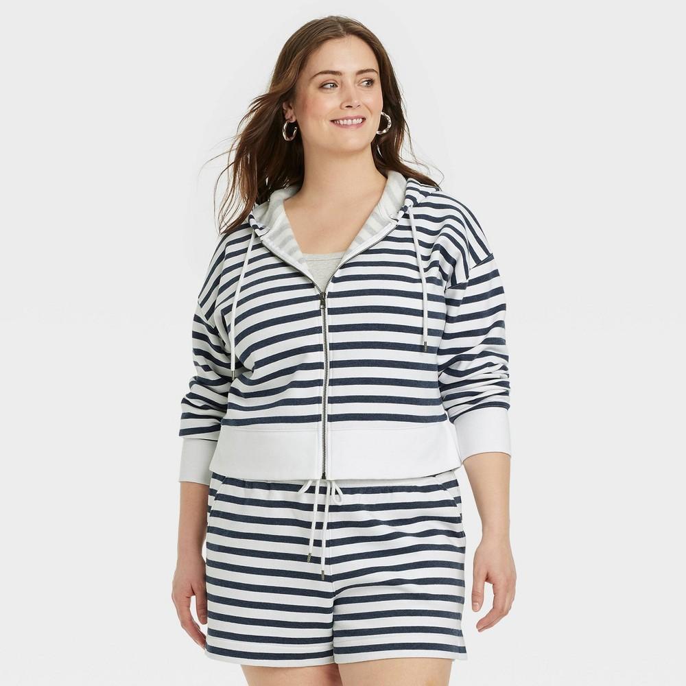 Womens Cropped Hooded Zip-Up Sweatshirt - Universal Thread Navy Blue Striped 2X Product Image