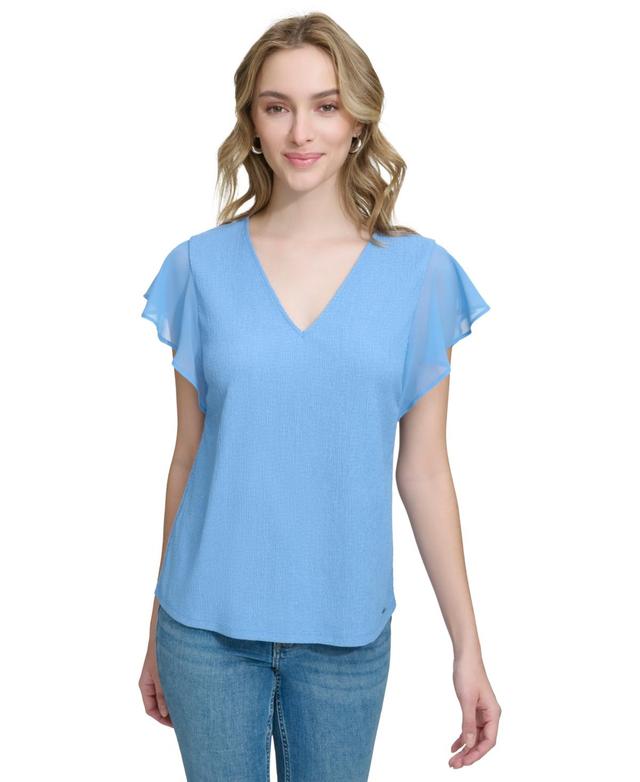 Calvin Klein Womens Chiffon-Sleeve Crinkle V-Neck Top Product Image