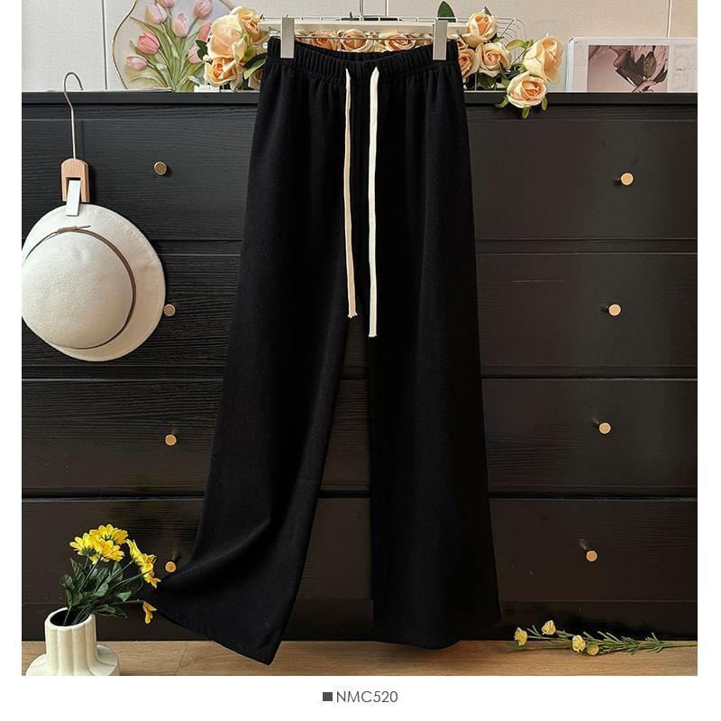 Fleece-Lined Drawstring High-Waist Wide-Leg Pants in 5 Colors Product Image