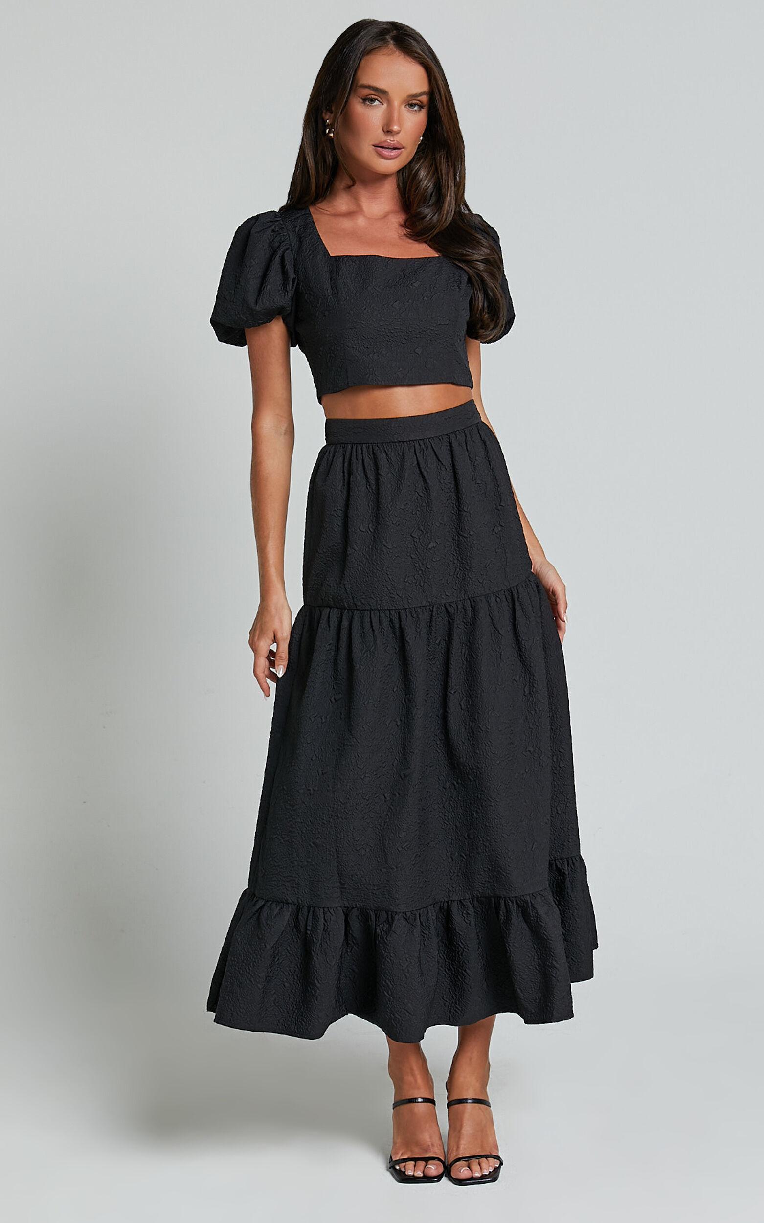 Katherine Two Piece Set - Puff Sleeve Crop Top and Ruffle Hem Midi Skirt Set in Black Product Image