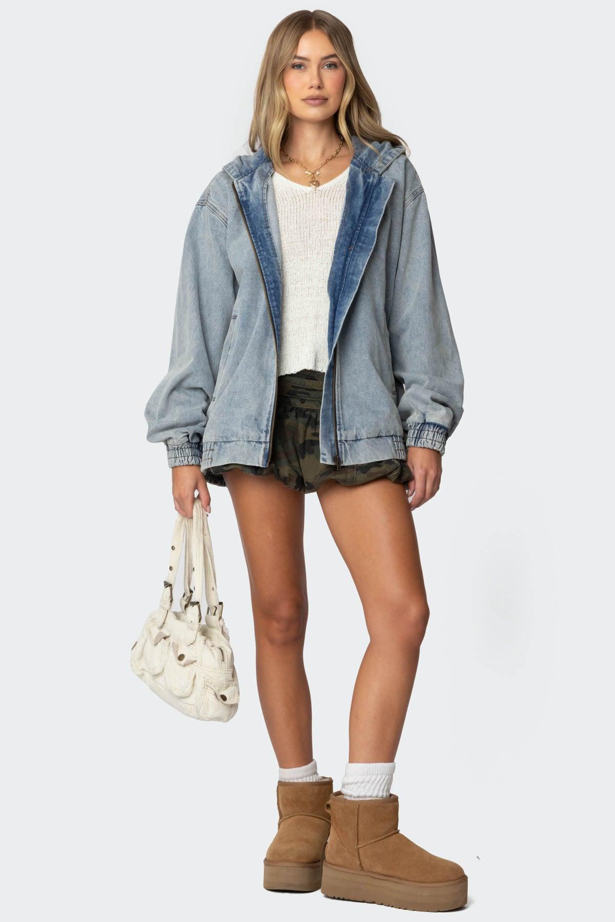 Hooded Vintage Washed Denim Bomber Jacket product image