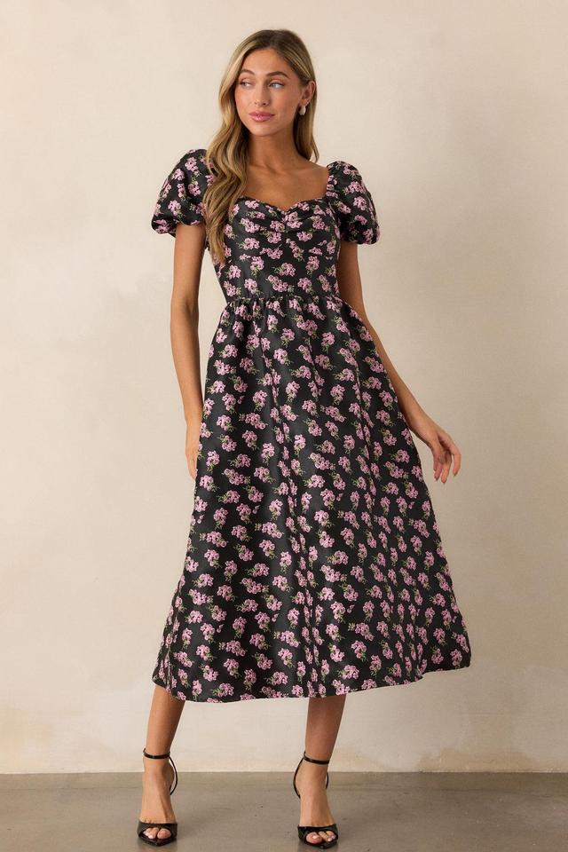 Time Flies Black Floral Jacquard Puff Sleeve Midi Dress Product Image