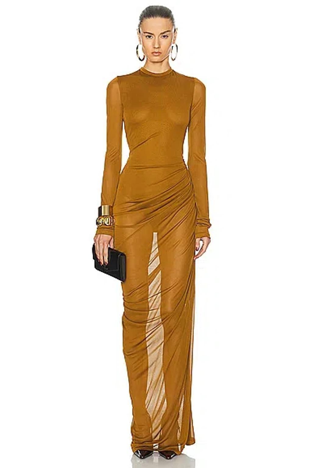 SAINT LAURENT Sheer Ruched Jersey Maxi Dress In Brown Product Image